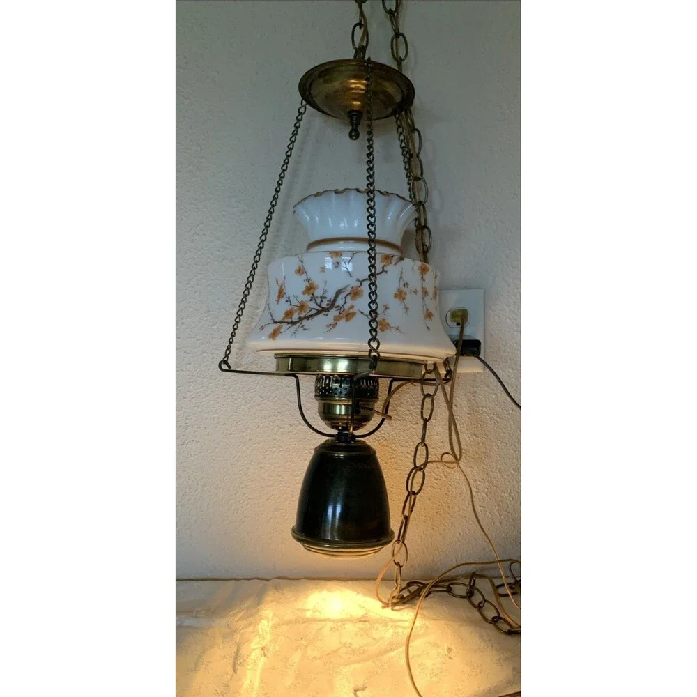 Vintage Hurricane Swag Lamp Floral Milk Glass Country Cottage Portable Hanging